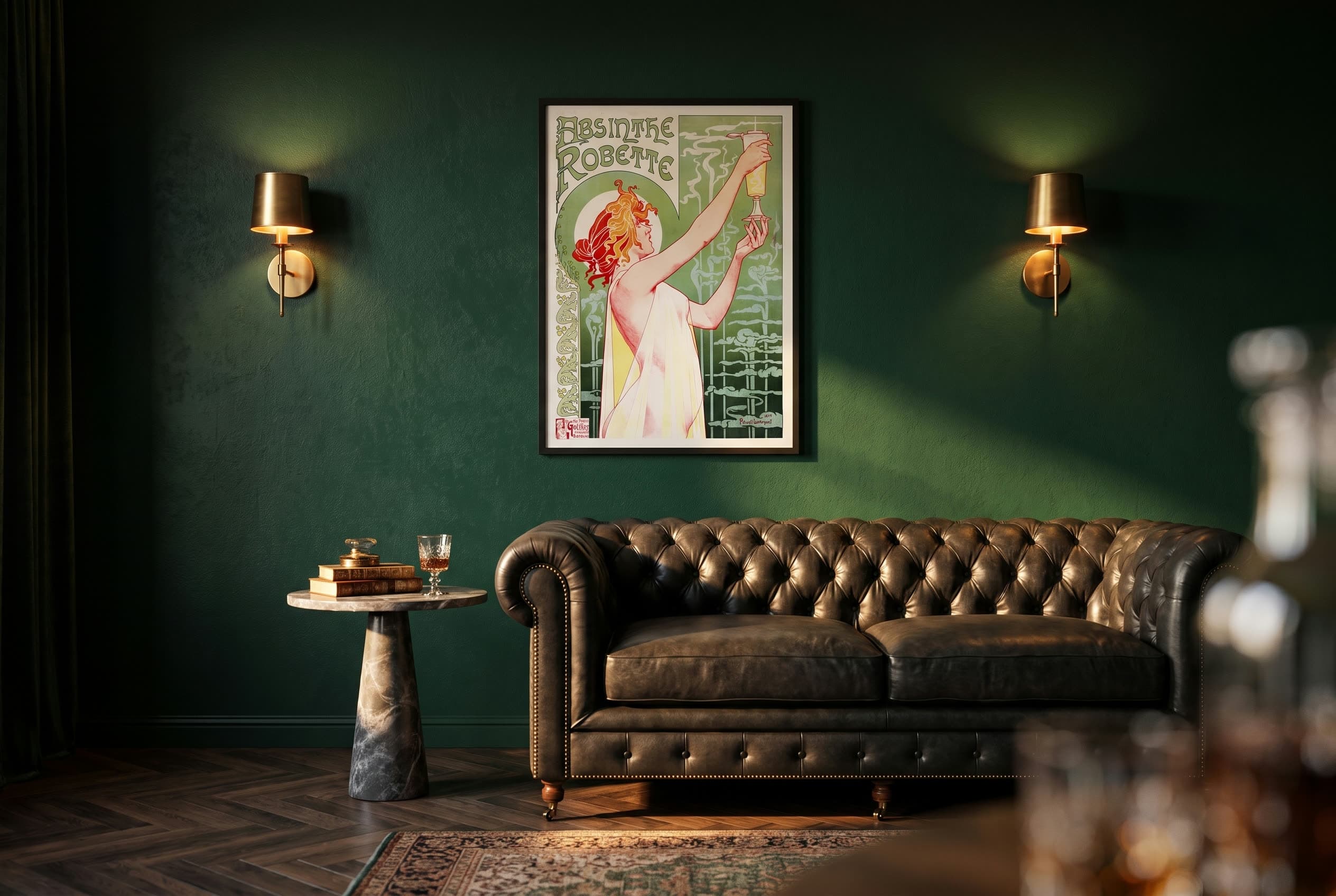 Absinthe Robette, 1896, framed and hung on a styled wall