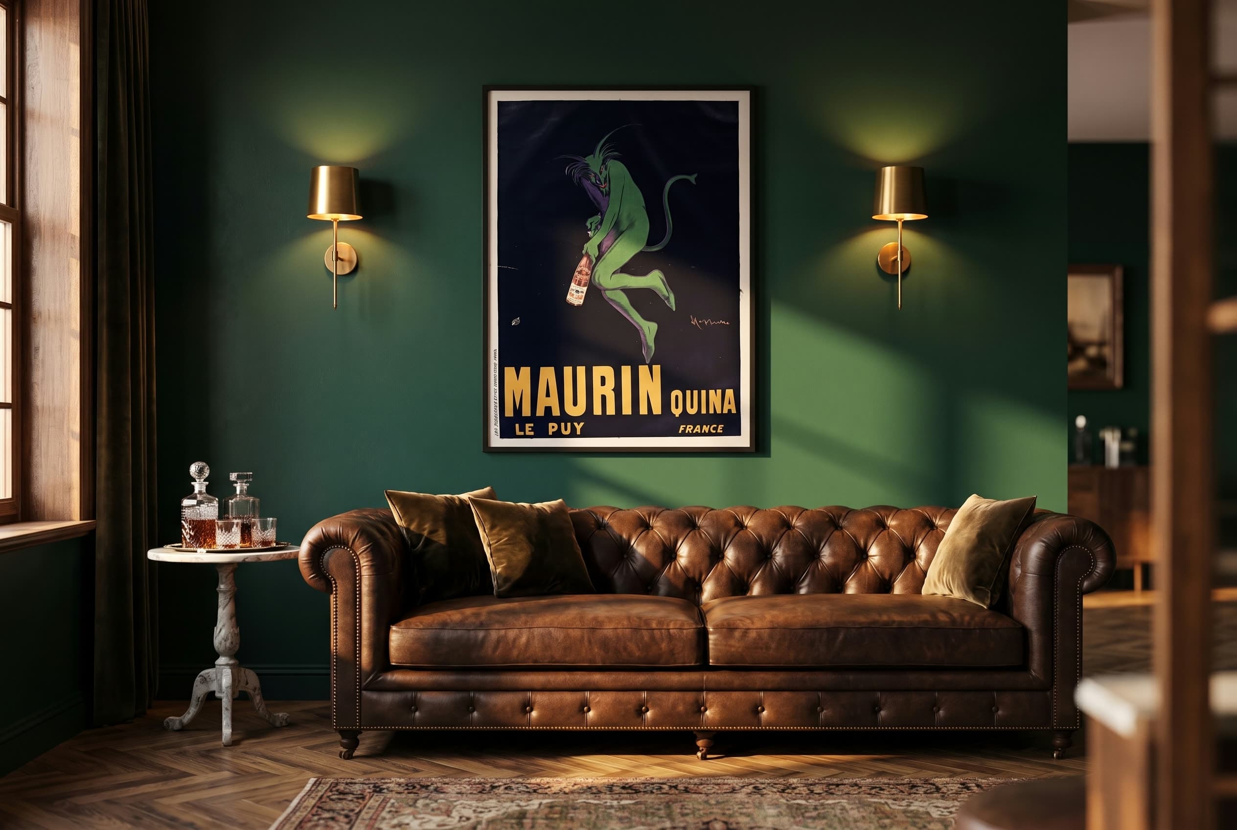 Maurin Quina, 1906, framed and hung on a styled wall
